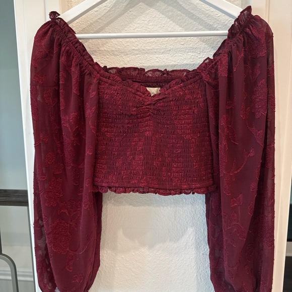 Altar’d State XS Burgundy Smocked Crop Top with Sheer Puff Sleeves - Picture 2 of 7